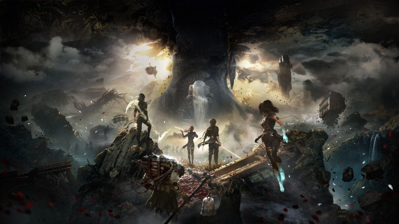 The cover art for Clair Obscur: Expedition 33, showing various heroes overlooking a large stone building as the landscape is torn apart around them.