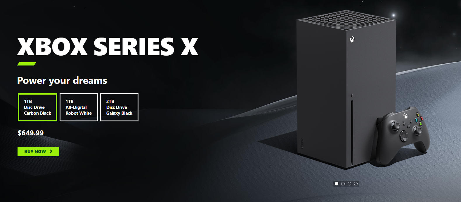 A screenshot from the Microsoft Store showing the 1TB Disc Drive Carbon Black edition of the Xbox Series X retailing for $649.99