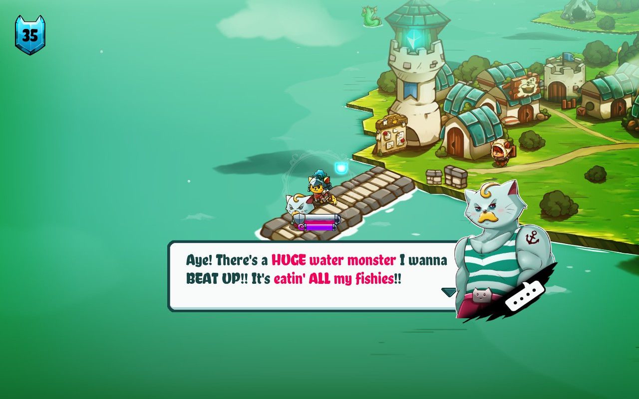 A muscular light blue cat with a mustache, wearing a striped tank top with an anchor tattoo on his shoulder, talks about the huge water monster that's eating all his fish.